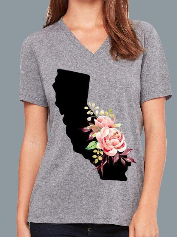 Floral California Relaxed V neck (Black Design)-CA LIMITED